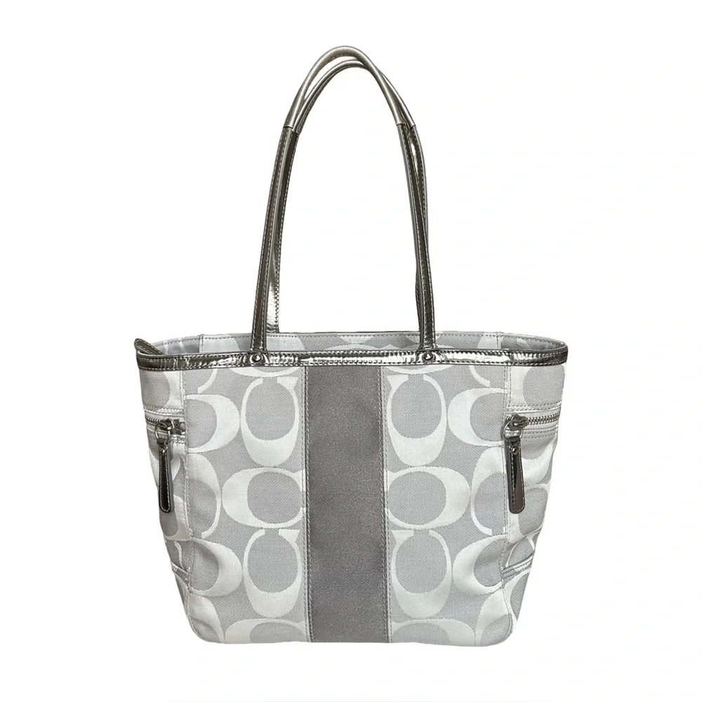 Coach Signature Stripe Tote Risotto Gray Jacquard Fabric & Silver Patent - Picture 4 of 10